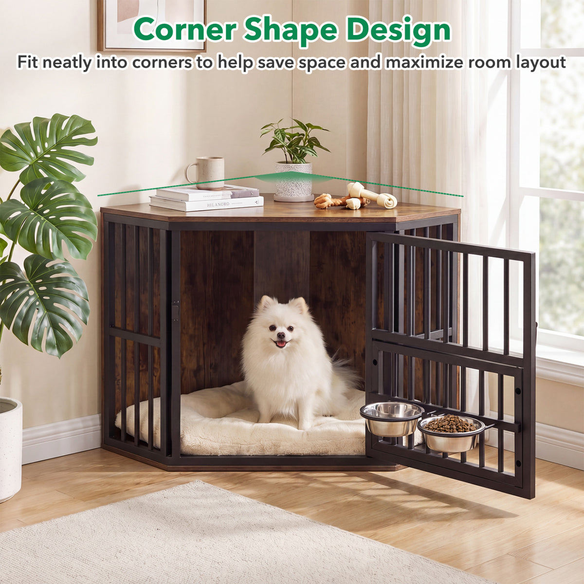 35.5 inches Wooden Dog Kennel End Table with 3-Position Dog Bowl Rack-Rustic Brown