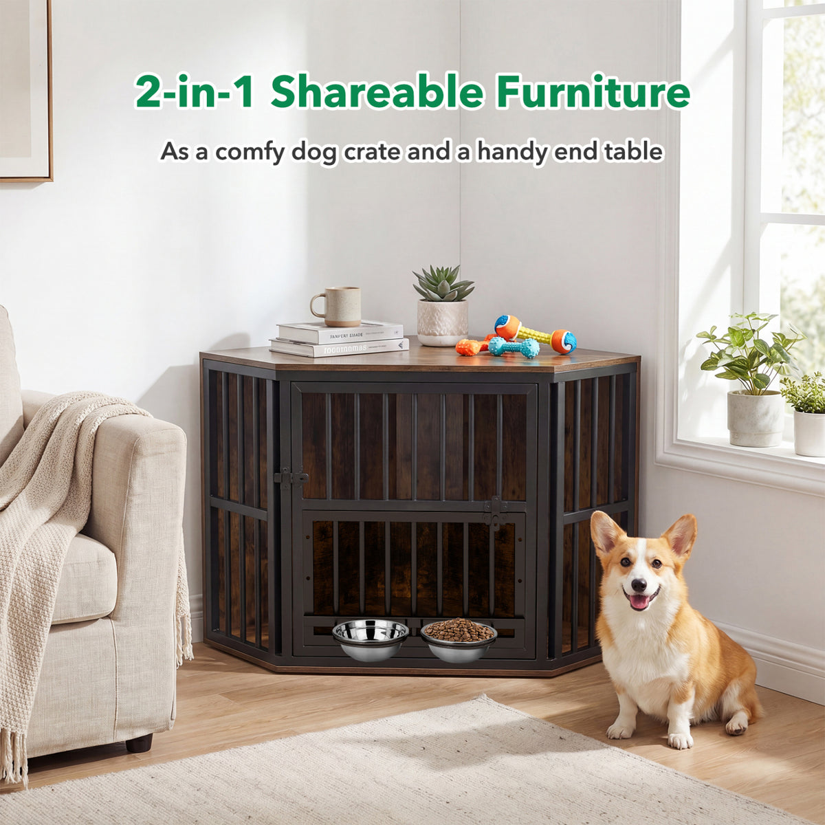 35.5 inches Wooden Dog Kennel End Table with 3-Position Dog Bowl Rack-Rustic Brown