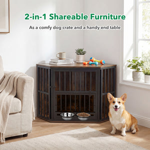 35.5 inches Wooden Dog Kennel End Table with 3-Position Dog Bowl Rack-Rustic Brown