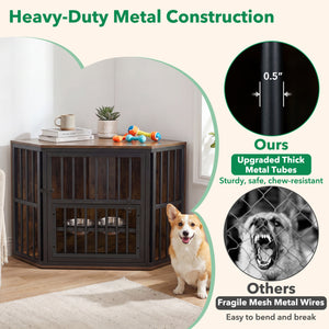 35.5 inches Wooden Dog Kennel End Table with 3-Position Dog Bowl Rack-Rustic Brown