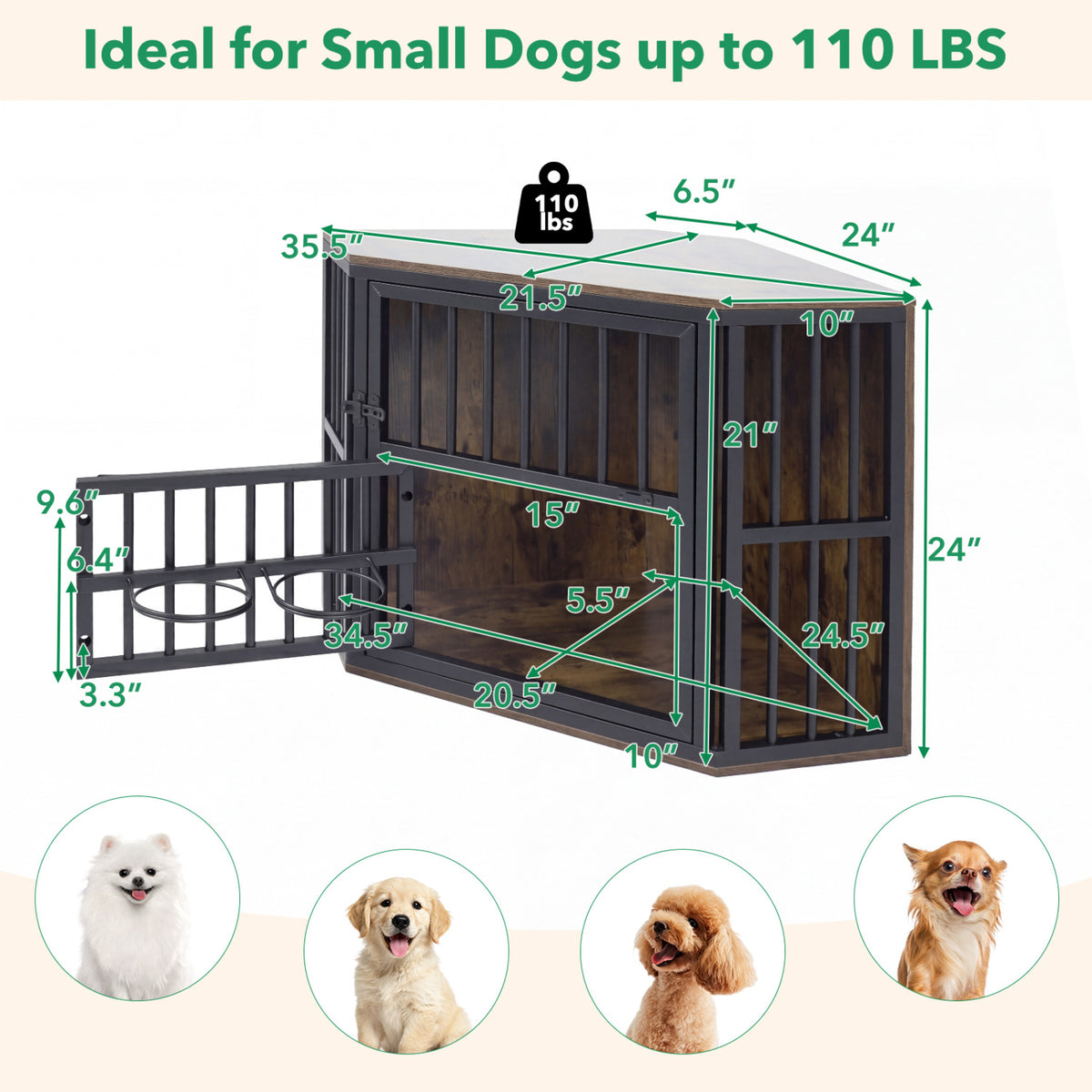 35.5 inches Wooden Dog Kennel End Table with 3-Position Dog Bowl Rack-Rustic Brown