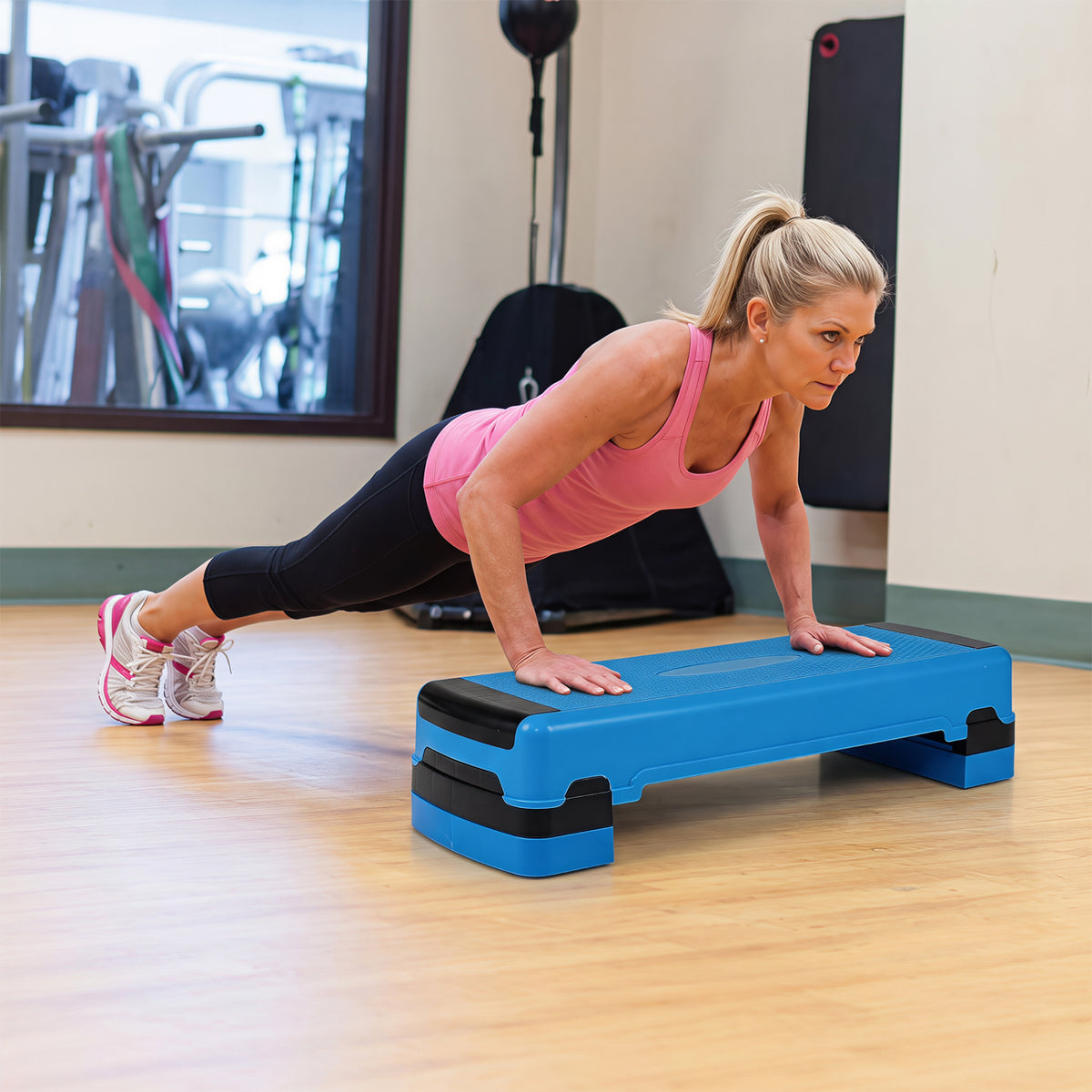 35 Inch Aerobic Cardio Adjustable Exercise Stepper with Risers-Blue