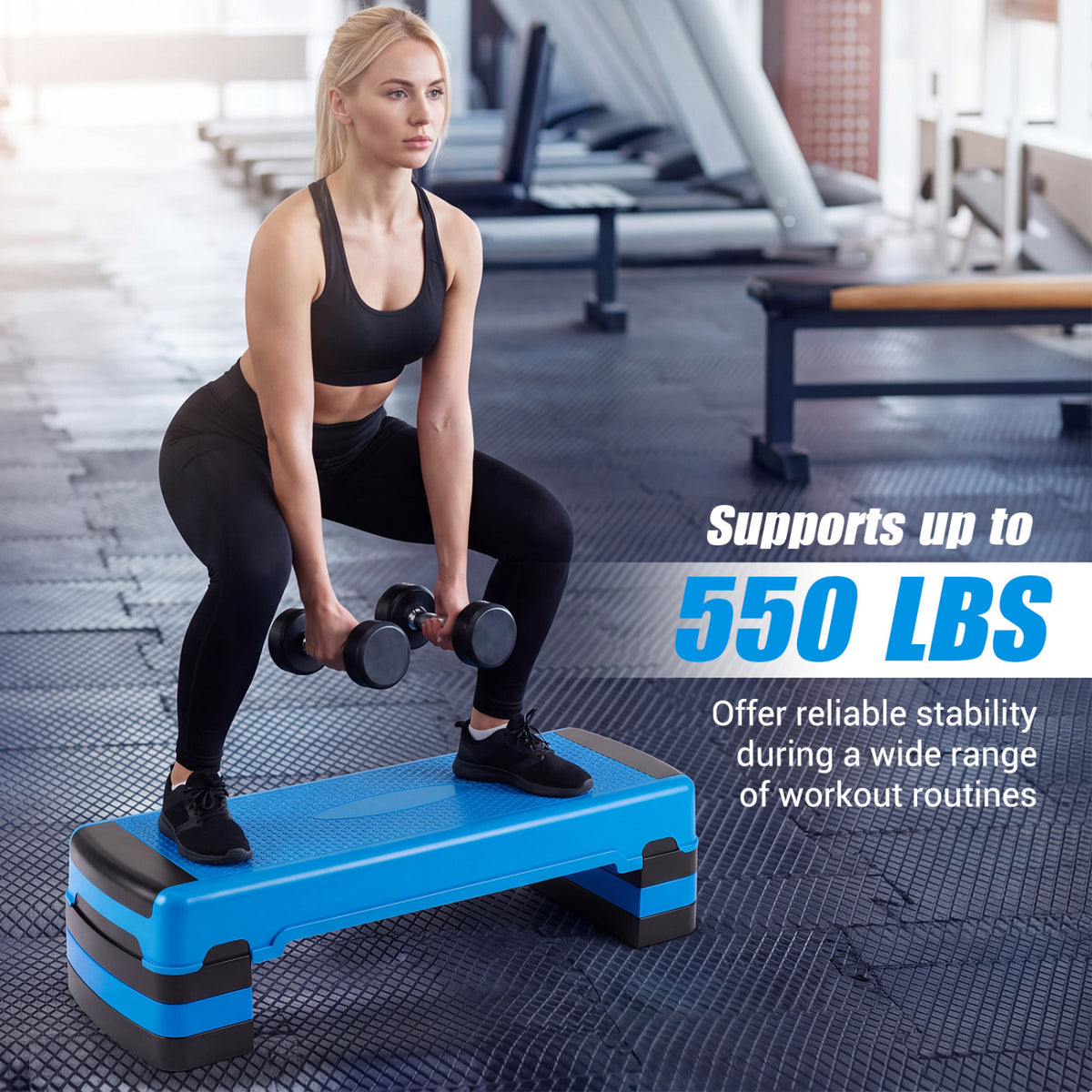 35 Inch Aerobic Cardio Adjustable Exercise Stepper with Risers-Blue