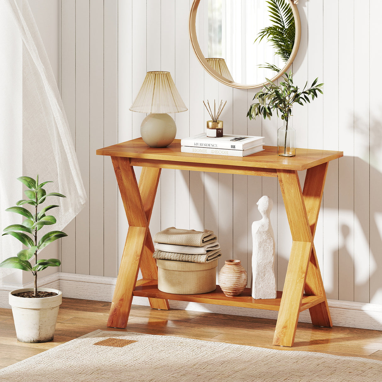 35 Inch Solid Teak Wood Console Table with Storage Shelf