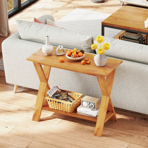 35 Inch Solid Teak Wood Console Table with Storage Shelf