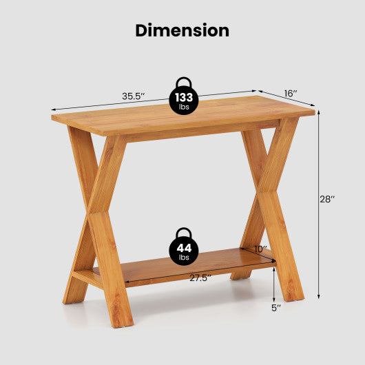 35 Inch Solid Teak Wood Console Table with Storage Shelf