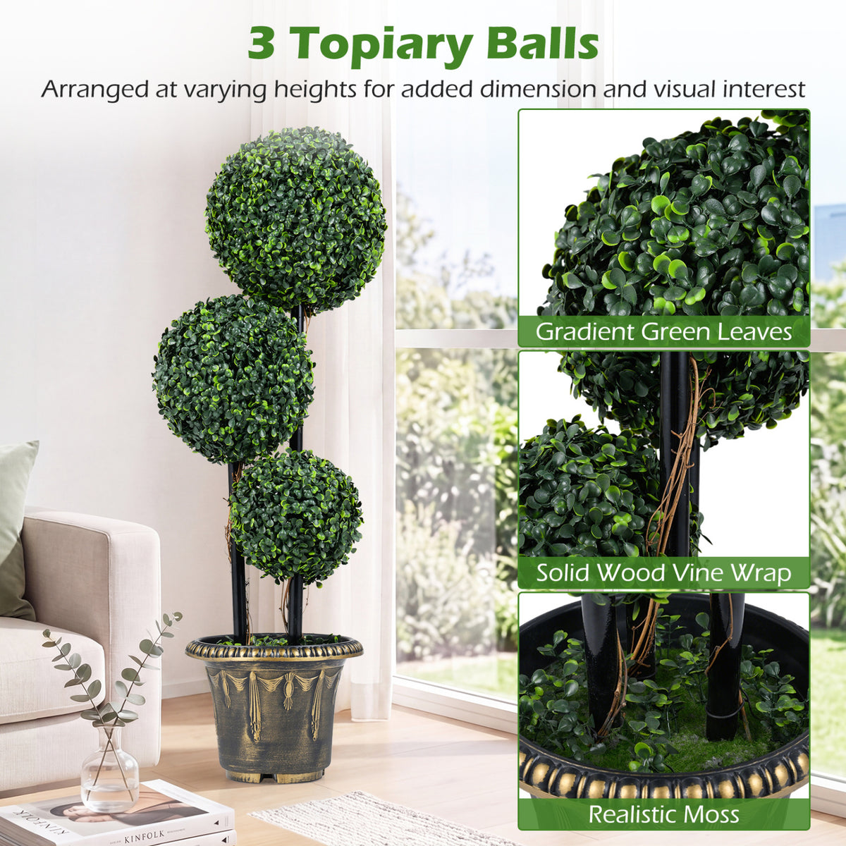 35 Inches Artificial Boxwood Topiary Tree Triple Ball Shrubs