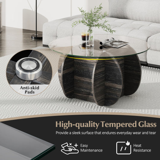 35" Round Coffee Table Unique Circle Center Table with Tempered Glass Top and Solid Wood Base-Black