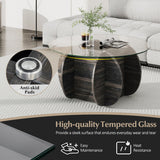 35" Round Coffee Table Unique Circle Center Table with Tempered Glass Top and Solid Wood Base-Black