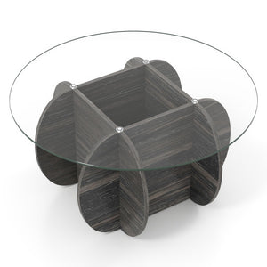 35" Round Coffee Table Unique Circle Center Table with Tempered Glass Top and Solid Wood Base-Black