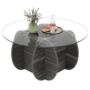 35" Round Coffee Table Unique Circle Center Table with Tempered Glass Top and Solid Wood Base-Black