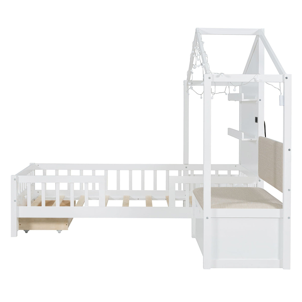House Bed With Upholstered Sofa, Wireless Charging Station, Shelves And 2 Drawers by Couch.com