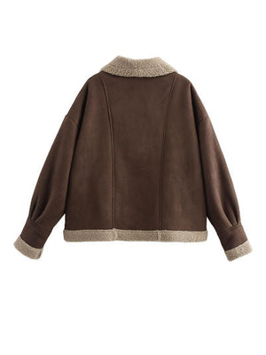 Fuzzy Collared Neck Long Sleeve Jacket with Buttoned Closure and Cozy Pockets