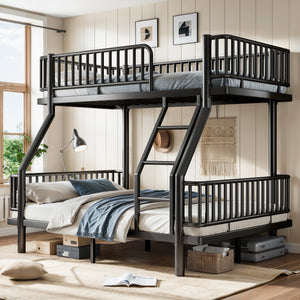Twin over Full Bunk Bed featuring Ladders & Guardrails, Metal Bunk Bed Frame with Upgraded Safety Round-Pipe Design, Black