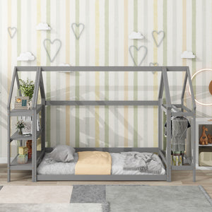 Wood House Bed With Storage Shelf And Hanger, Kids Bedroom Set by Couch.com