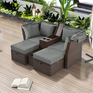 2 Seater Outdoor Patio Daybed Outdoor Double Daybed Outdoor Loveseat Sofa Set With Foldable Awning And Cushions For Garden, Balcony, Poolside by Couch.com