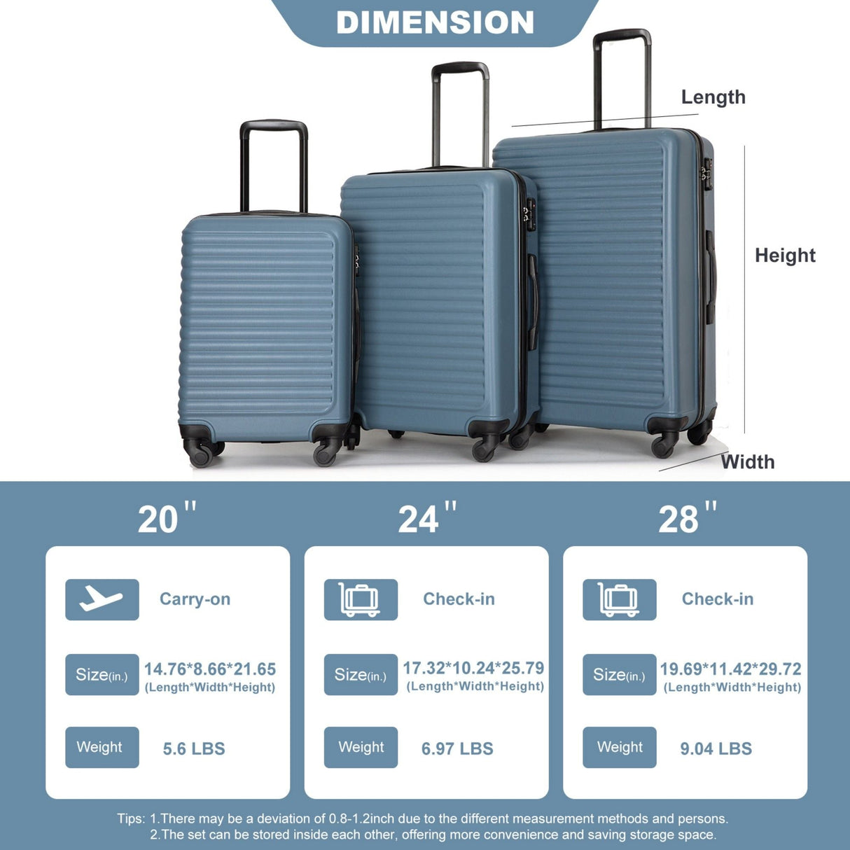 3 Piece Luggage Sets Lightweight Suitcase With Two Hooks, Spinner Wheels, Tsa Lock by Couch.com