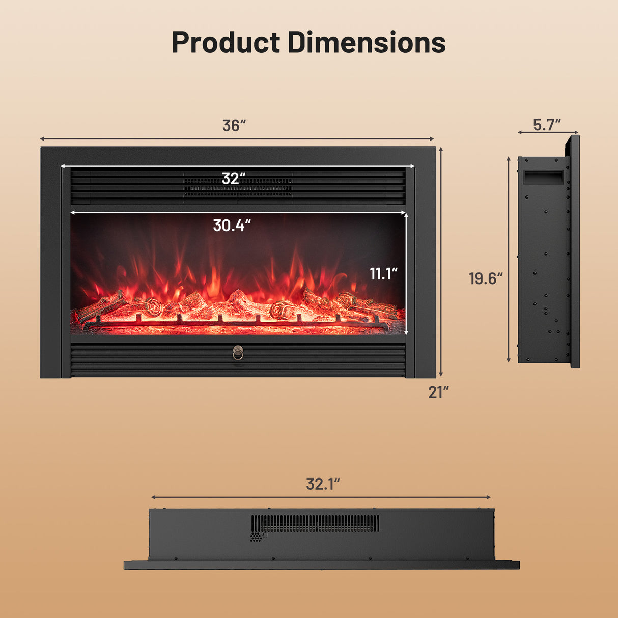 33/36-Inch Electric Fireplace Insert 750W/1500W Recessed Fireplace Heater-1500W