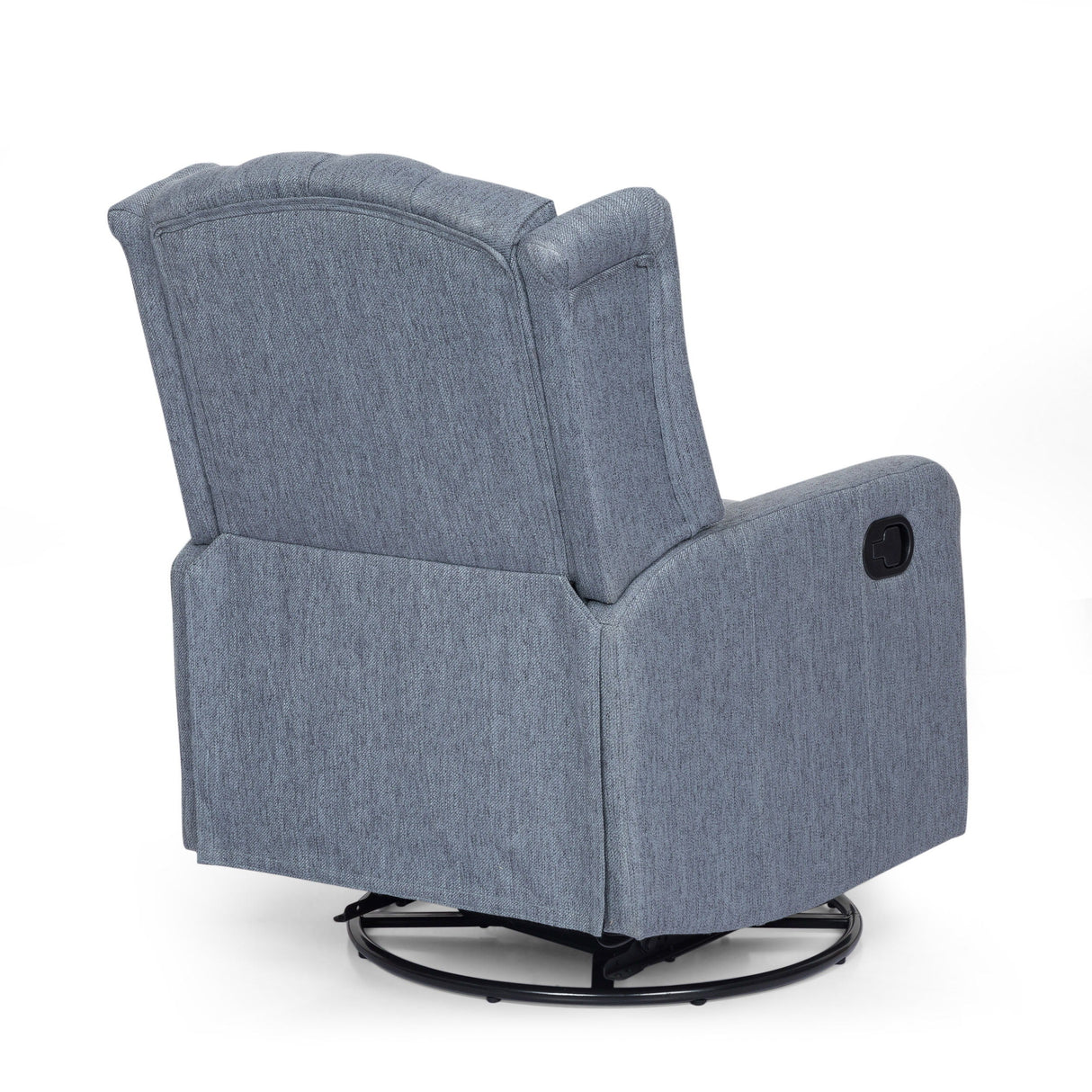 The Classic Design manual recliner, featured in gray upholstery, showcases a soft cushioned design with a side reclining handle and rests on a circular swivel base allowing for 360-degree movement, shown from the back and side.