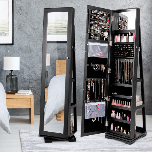 360 ° Rotatable 2-in-1 Lockable Jewelry Cabinet with Full-Length Mirror-Black