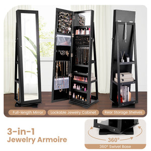 360 ° Rotatable 2-in-1 Lockable Jewelry Cabinet with Full-Length Mirror-Black