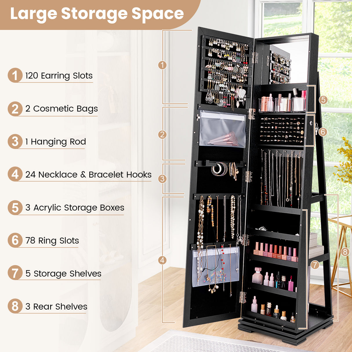 360 ° Rotatable 2-in-1 Lockable Jewelry Cabinet with Full-Length Mirror-Black