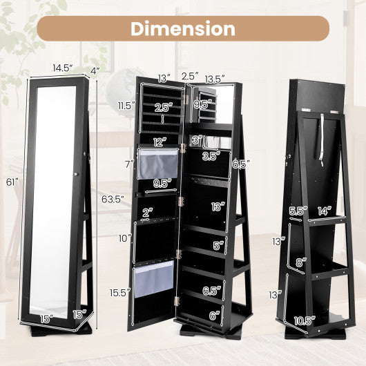 360 ° Rotatable 2-in-1 Lockable Jewelry Cabinet with Full-Length Mirror-Black