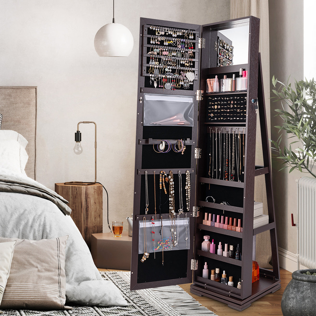 360 ° Rotatable 2-in-1 Lockable Jewelry Cabinet with Full-Length Mirror-Dark Brown