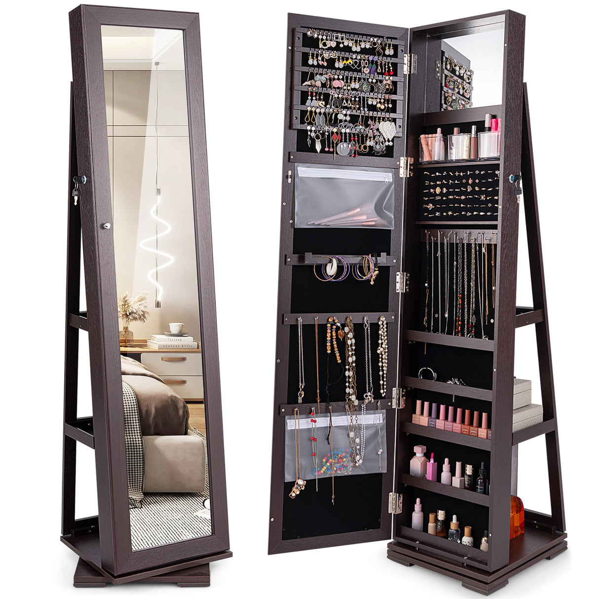 360 ° Rotatable 2-in-1 Lockable Jewelry Cabinet with Full-Length Mirror-Dark Brown