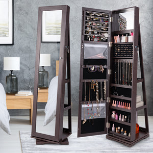 360 ° Rotatable 2-in-1 Lockable Jewelry Cabinet with Full-Length Mirror-Dark Brown