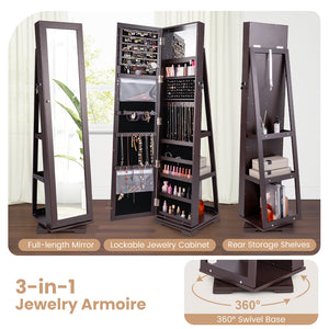 360 ° Rotatable 2-in-1 Lockable Jewelry Cabinet with Full-Length Mirror-Dark Brown