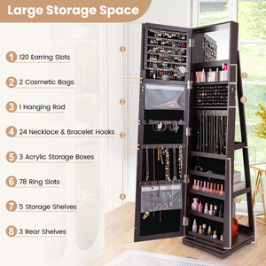 360 ° Rotatable 2-in-1 Lockable Jewelry Cabinet with Full-Length Mirror-Dark Brown