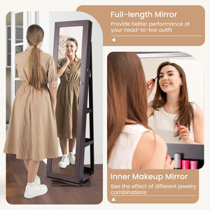 360 ° Rotatable 2-in-1 Lockable Jewelry Cabinet with Full-Length Mirror-Dark Brown