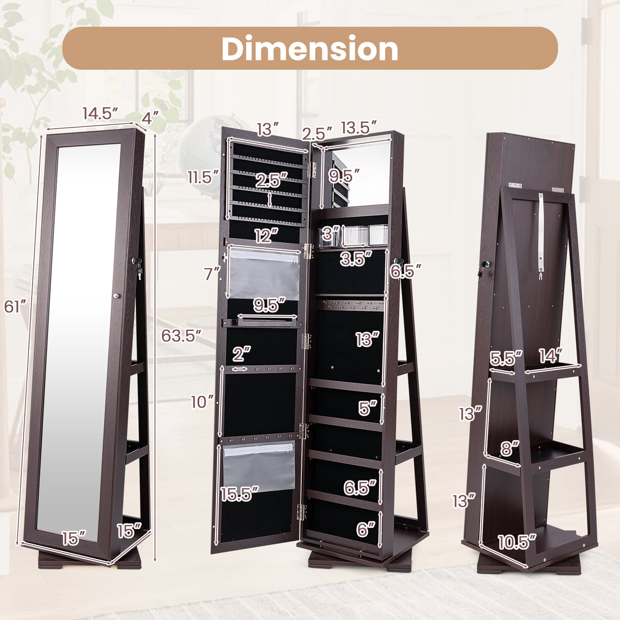 360 ° Rotatable 2-in-1 Lockable Jewelry Cabinet with Full-Length Mirror-Dark Brown
