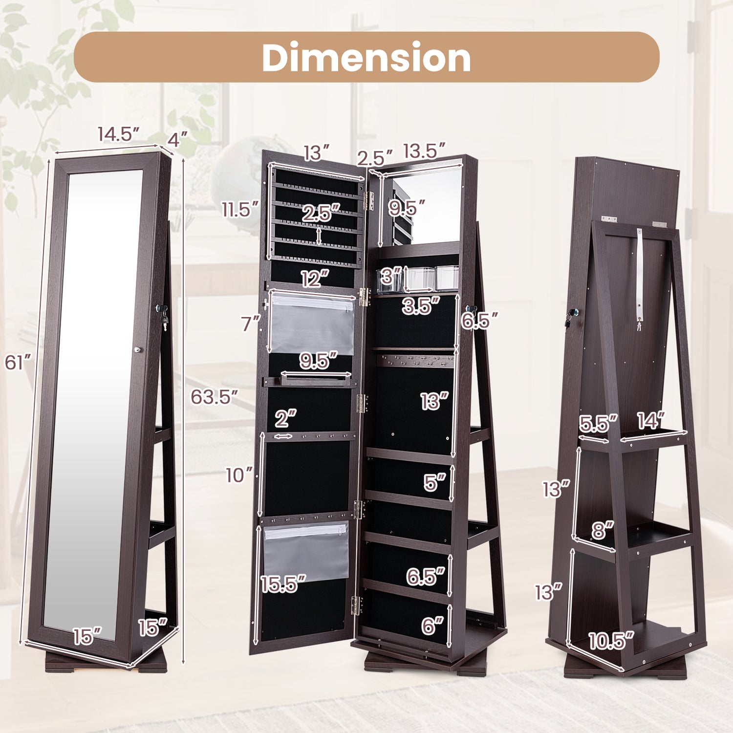 360 ° Rotatable 2-in-1 Lockable Jewelry Cabinet with Full-Length Mirror-Dark Brown