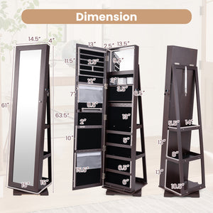 360 ° Rotatable 2-in-1 Lockable Jewelry Cabinet with Full-Length Mirror-Dark Brown