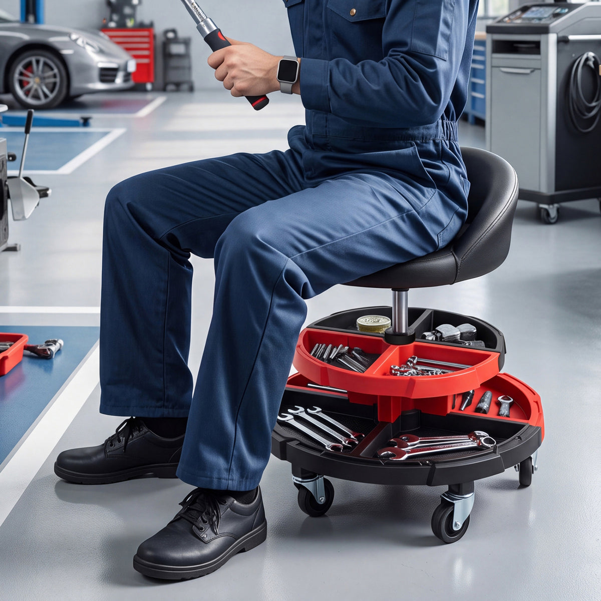 360Â° Rolling Mechanic Stool with 2 Tool Storage Trays-Red