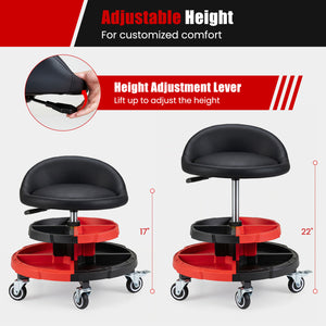 360Â° Rolling Mechanic Stool with 2 Tool Storage Trays-Red