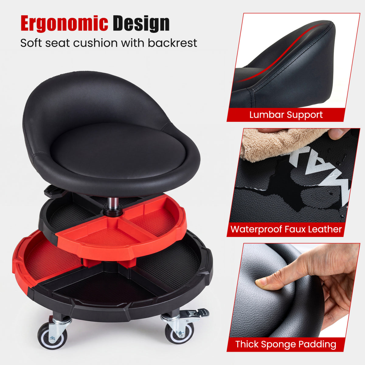 360Â° Rolling Mechanic Stool with 2 Tool Storage Trays-Red