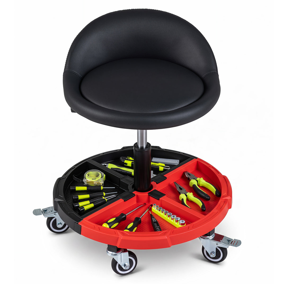 360Â° Rolling Mechanic Stool with 1 Tool Storage Tray-Red