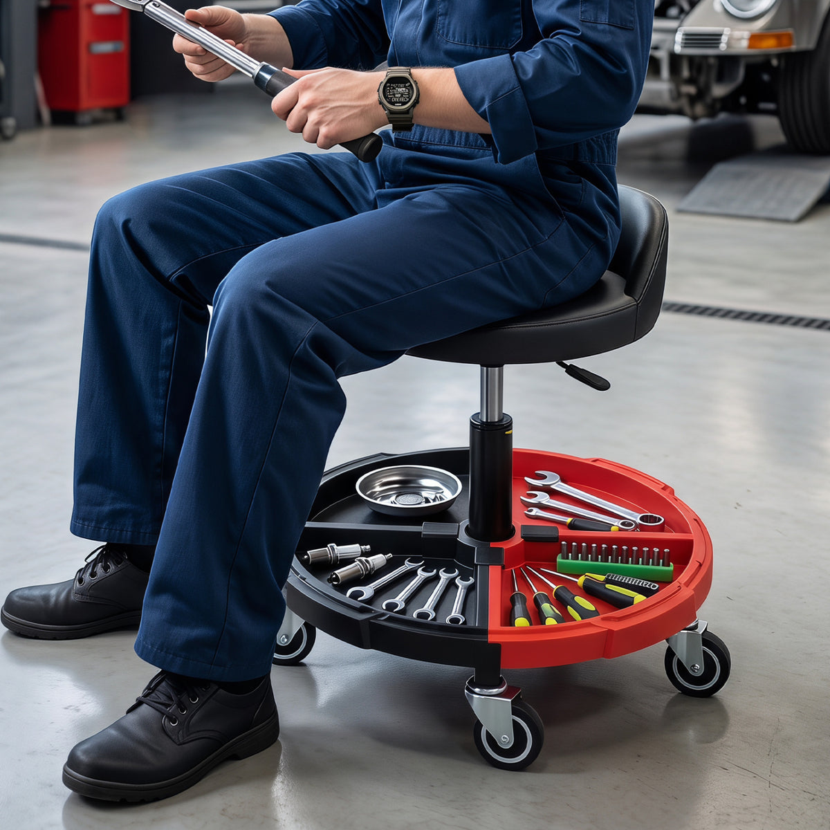 360Â° Rolling Mechanic Stool with 1 Tool Storage Tray-Red
