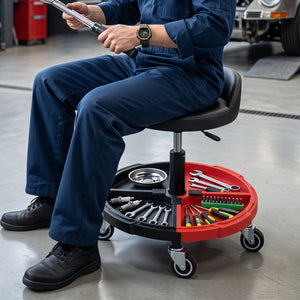 360Â° Rolling Mechanic Stool with 1 Tool Storage Tray-Red