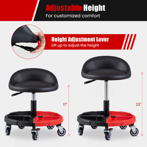 360Â° Rolling Mechanic Stool with 1 Tool Storage Tray-Red