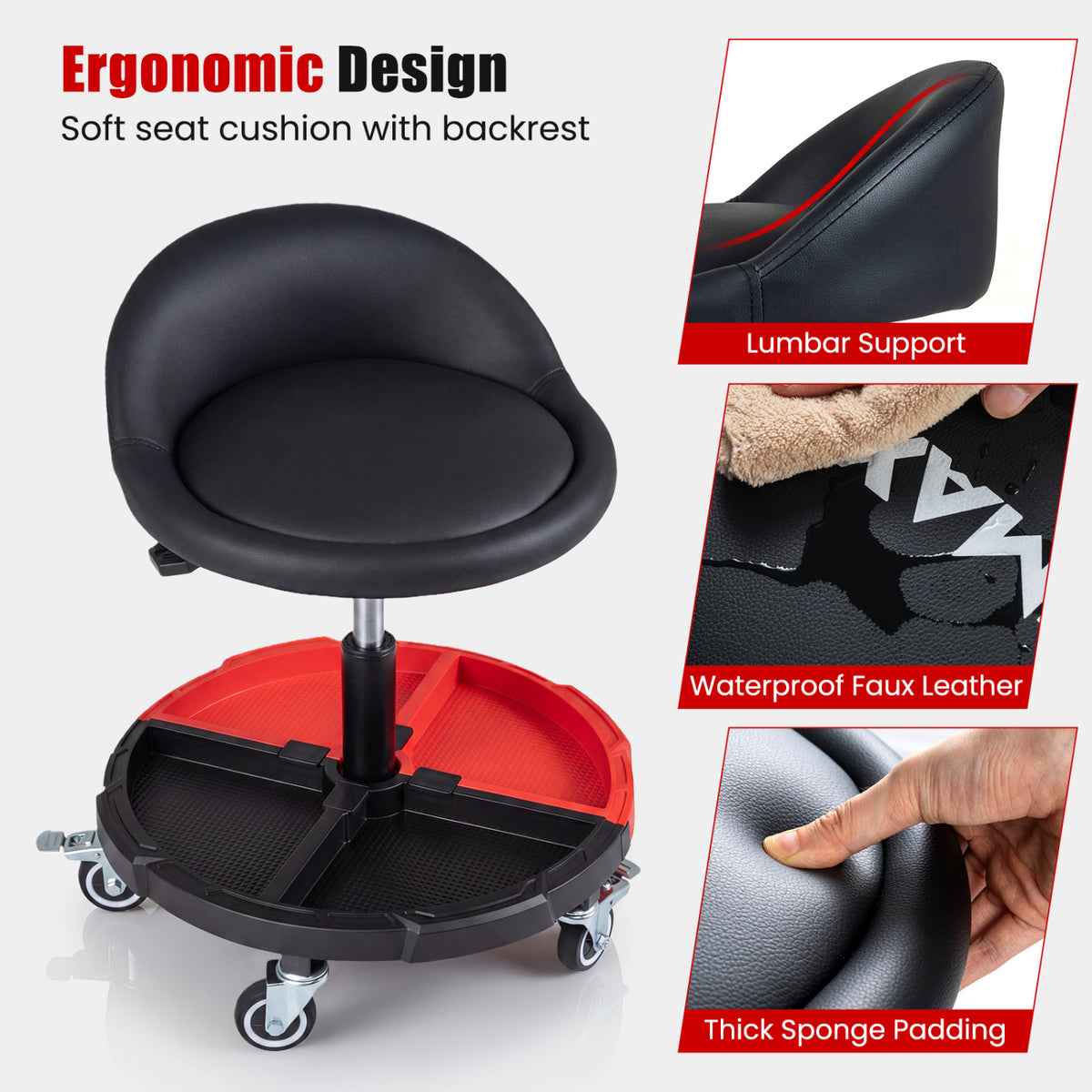 360Â° Rolling Mechanic Stool with 1 Tool Storage Tray-Red
