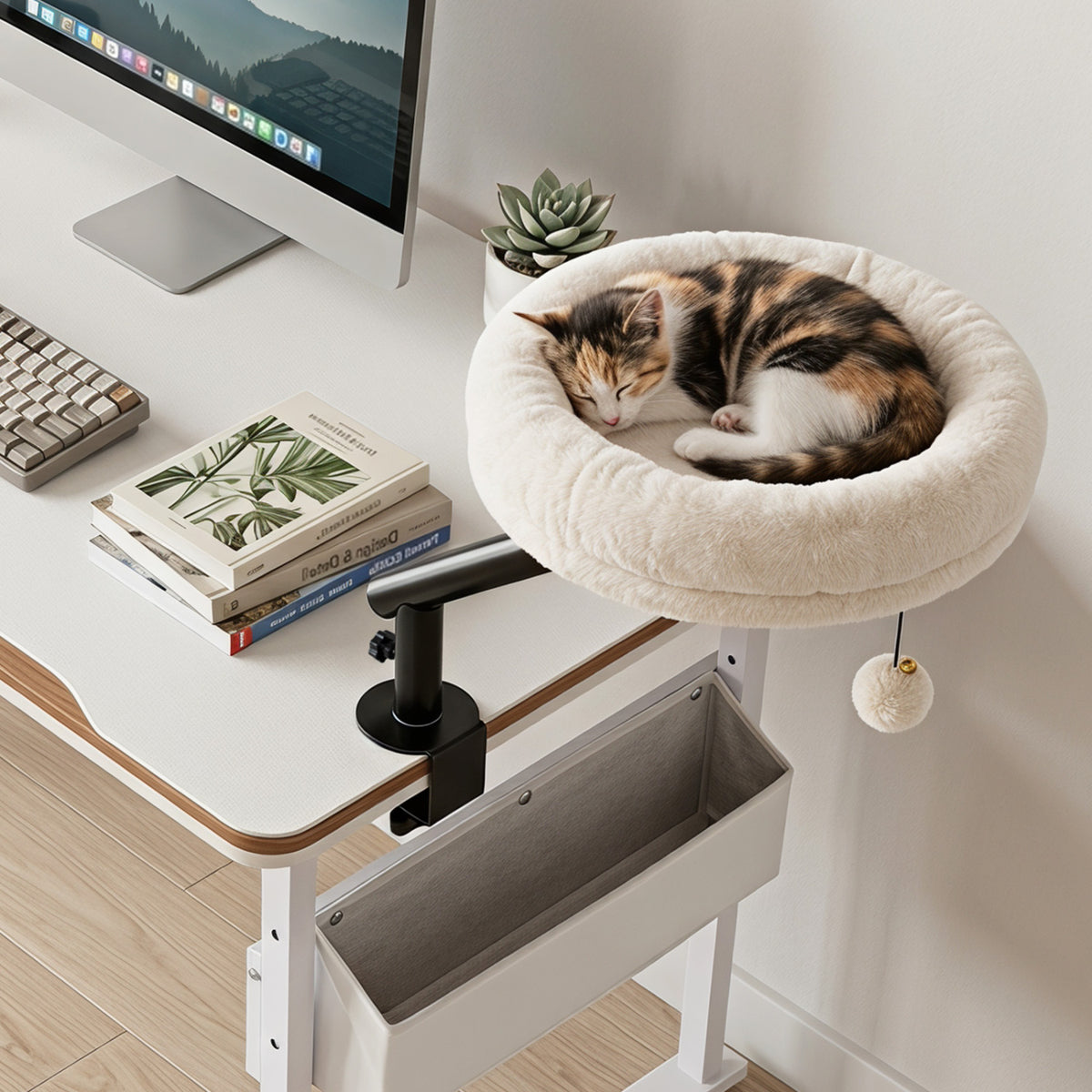 360Â° Rotating Cat Desk Bed for Indoor Cats with Removable Perch-White