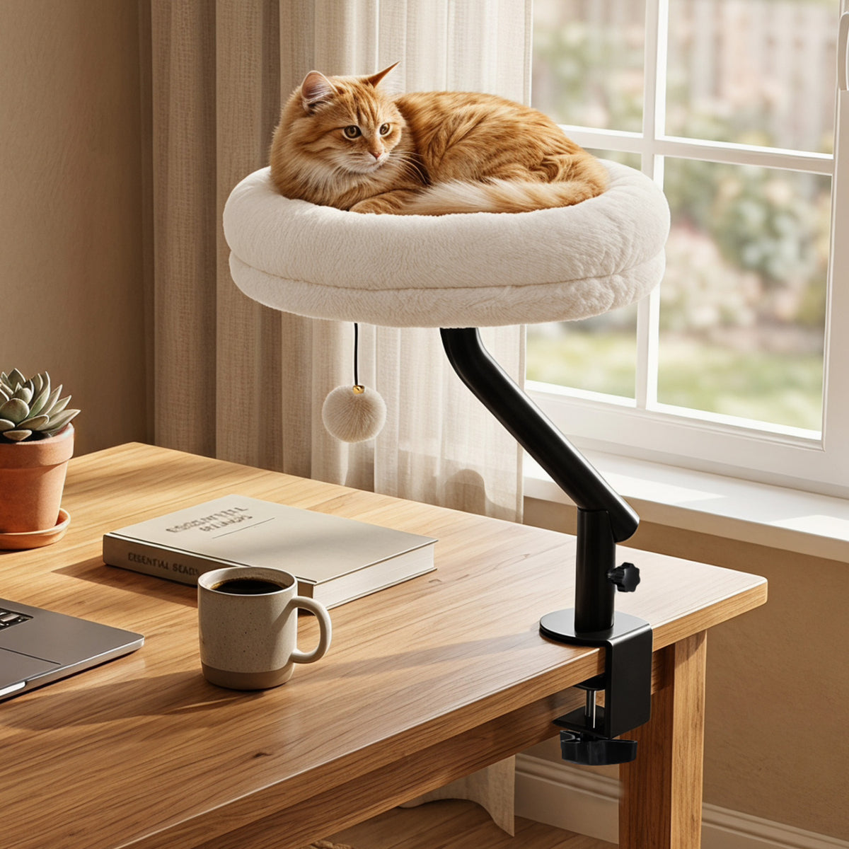 360Â° Rotating Cat Desk Bed for Indoor Cats with Removable Perch-White