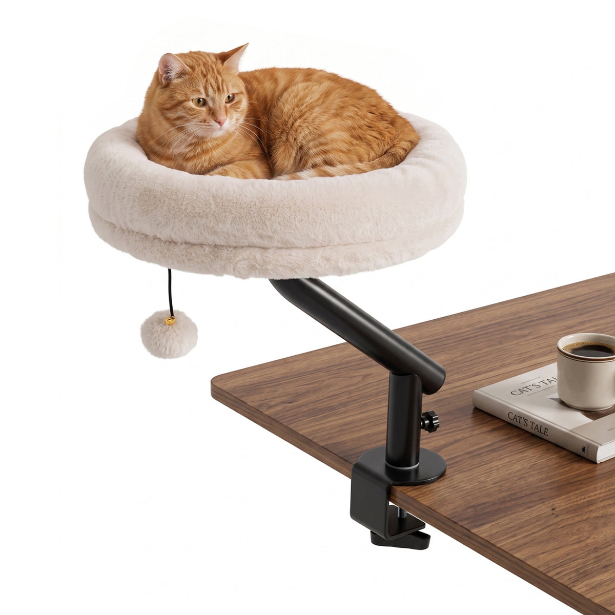 360Â° Rotating Cat Desk Bed for Indoor Cats with Removable Perch-White