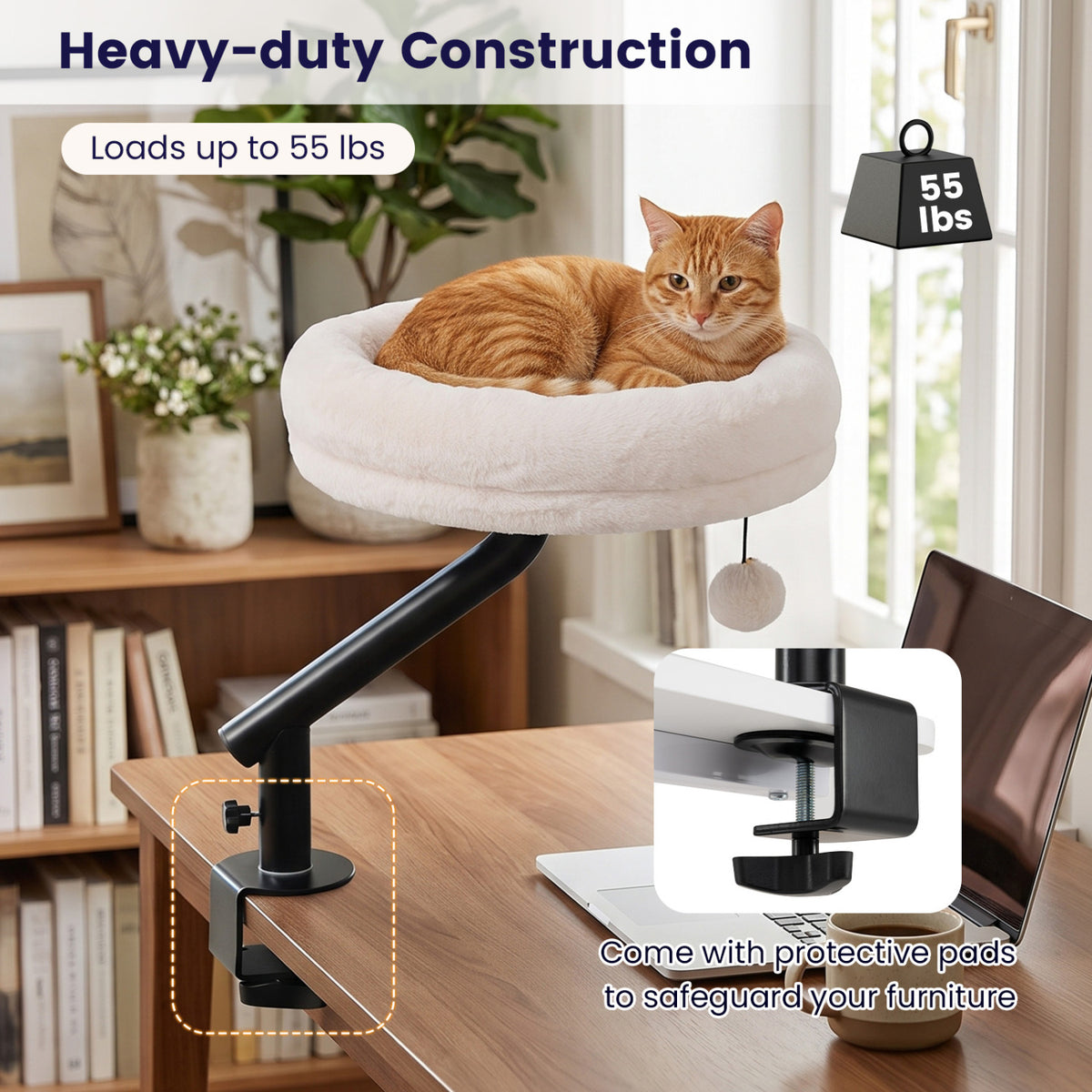 360Â° Rotating Cat Desk Bed for Indoor Cats with Removable Perch-White