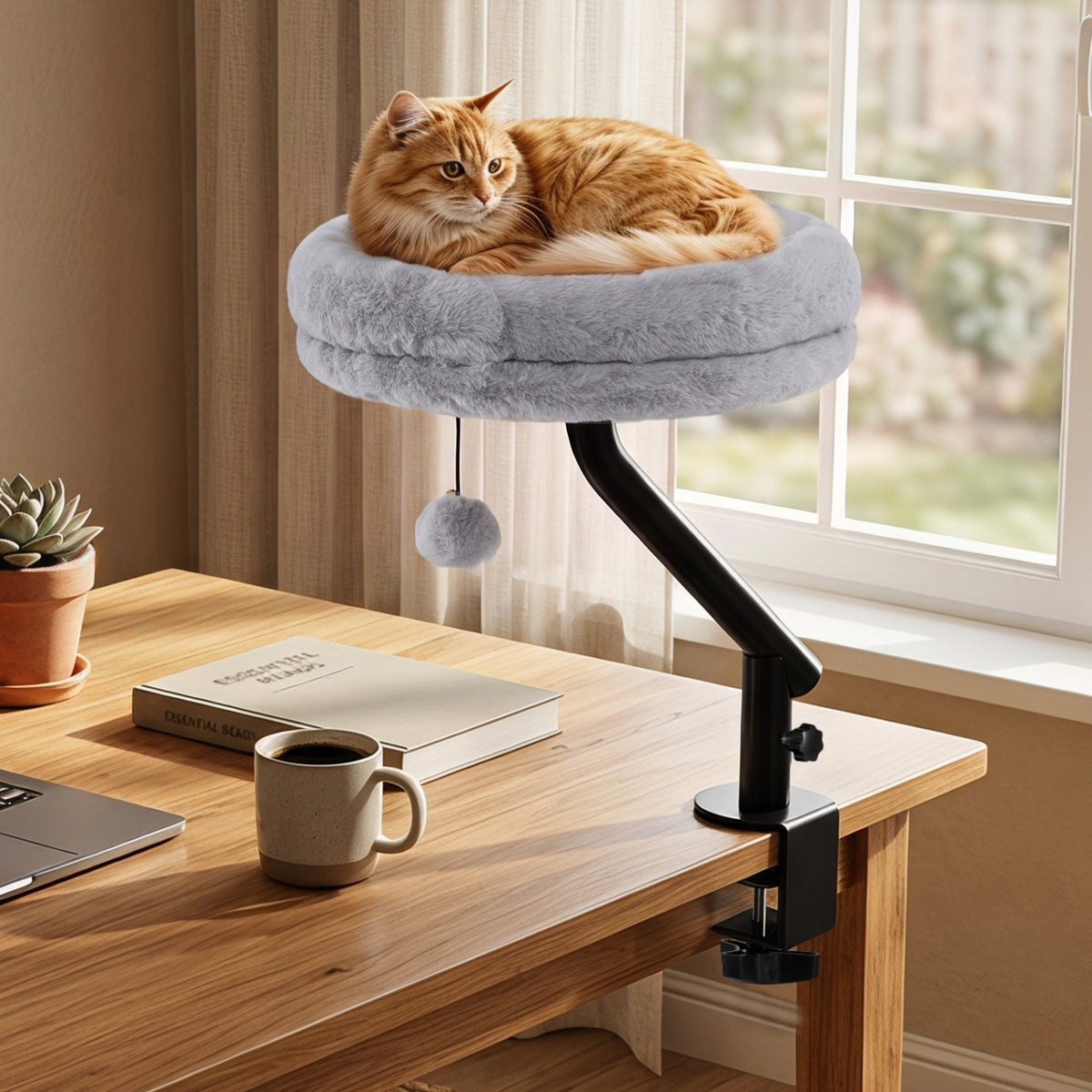 360Â° Rotating Cat Desk Bed for Indoor Cats with Removable Perch-Gray