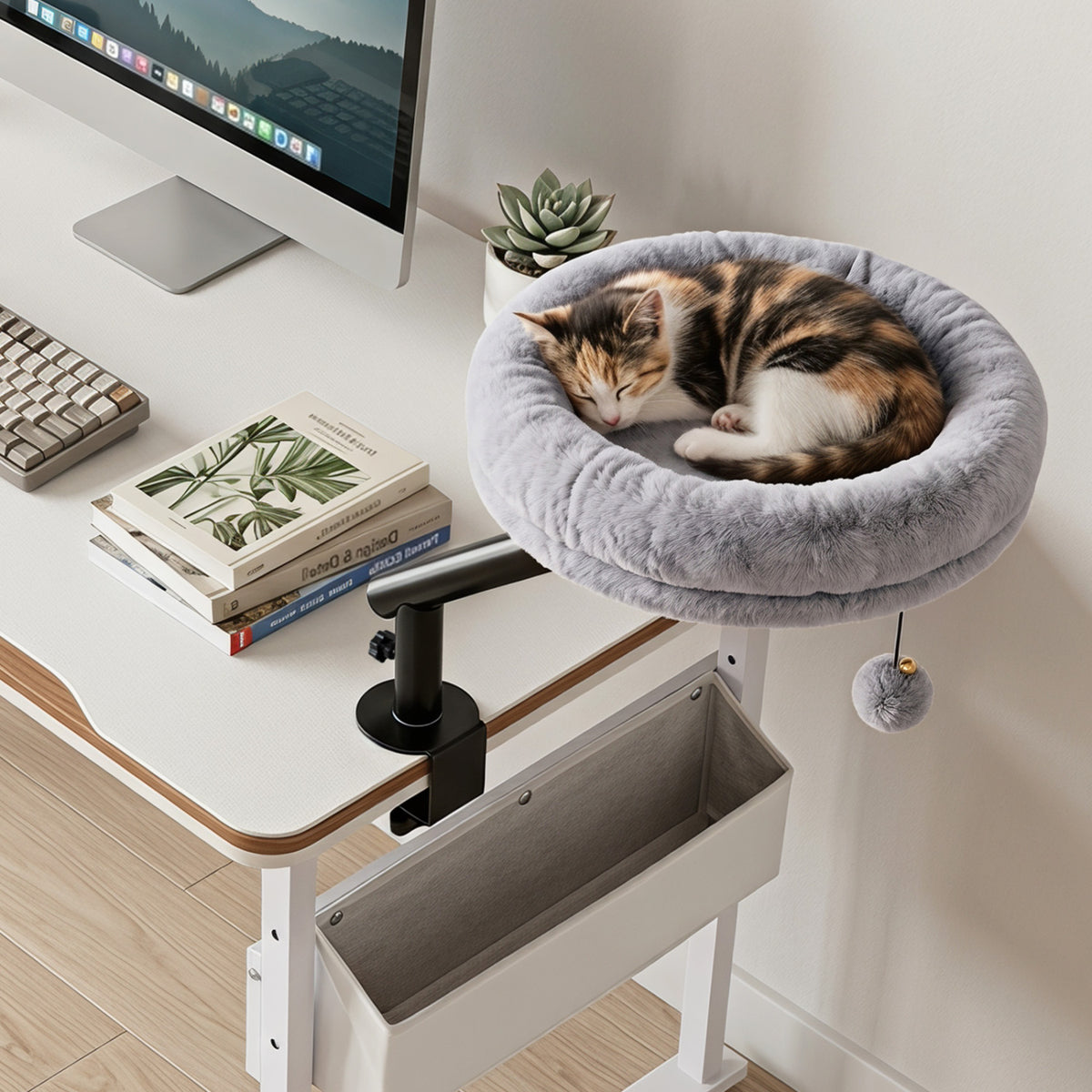 360Â° Rotating Cat Desk Bed for Indoor Cats with Removable Perch-Gray